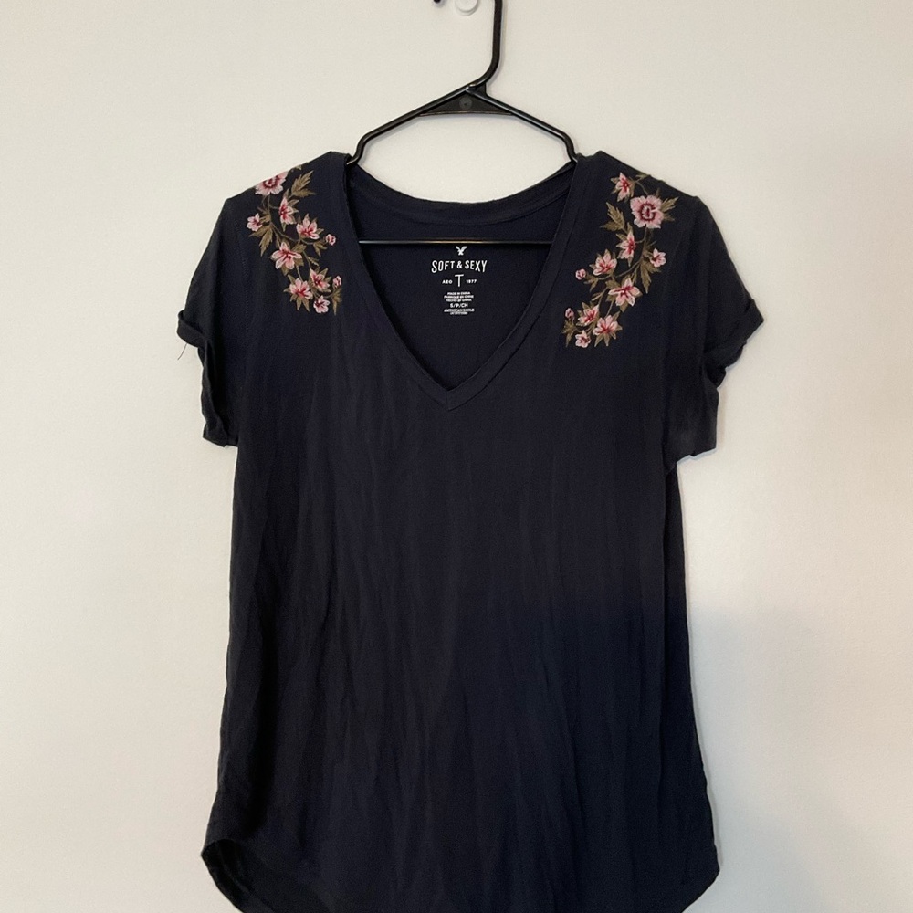 Black/Gray Floral Embroidered Women's Top